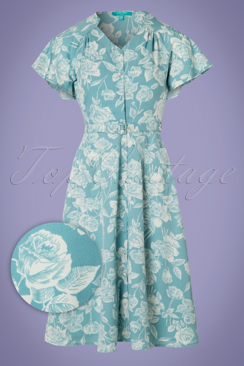 Fever - 40s Darla Roses Swing Dress in Antique Blue 2
