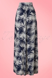 Collectif Clothing -  Akiko Palm Palazzo Trousers Années 70 en Bleu Marine 4