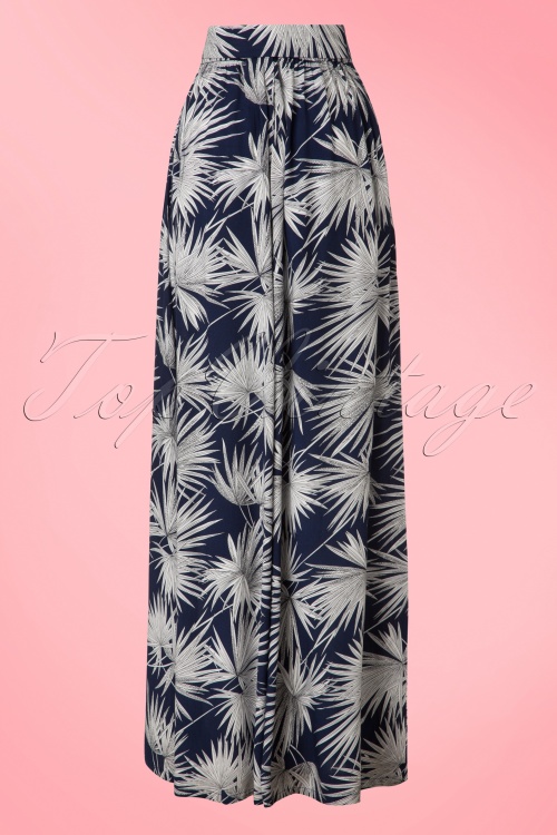 Collectif Clothing -  Akiko Palm Palazzo Trousers Années 70 en Bleu Marine 4