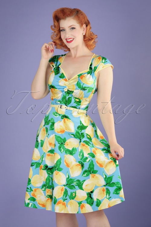 Lady V by Lady Vintage - 50s Isabella Lemon Swing Dress in Light Blue