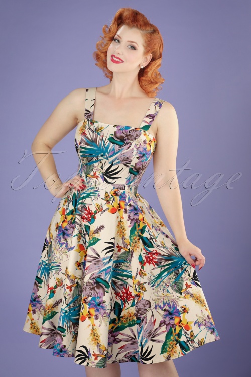 Hearts & Roses - 50s Pansies Floral Swing Dress in Cream