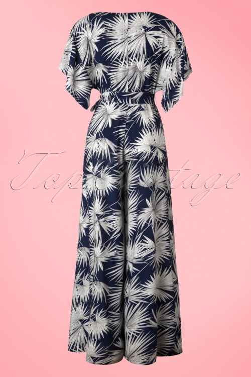 Collectif Clothing - Akiko Palm Jumpsuit Années 70 en Bleu Marine 5