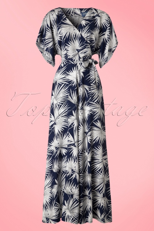 Collectif Clothing - Akiko Palm Jumpsuit in Marineblau