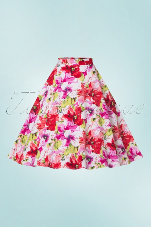 Dolly and Dotty - 50s Blossom Flower Swing Skirt in White and Pink 3