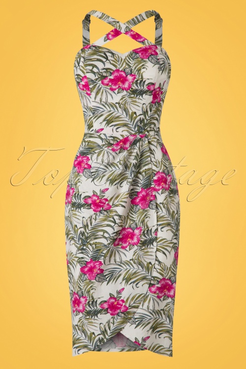 Collectif Clothing - Mahina Tropical Hibiscus Sarong Dress Années 50 en Ivoire 2