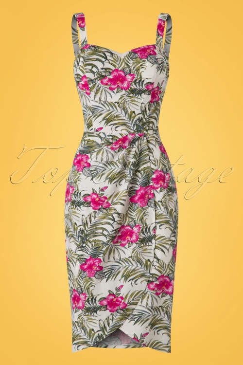 Collectif Clothing - Mahina Tropical Hibiscus Sarong Dress Années 50 en Ivoire 3