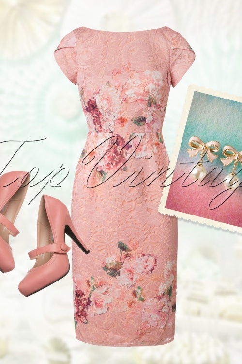 Little Mistress - 60s Floral Lace Pencil Dress in Pink  6
