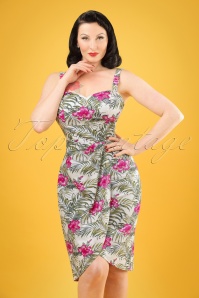 Collectif Clothing - Mahina Tropical Hibiscus Sarong Dress Années 50 en Ivoire