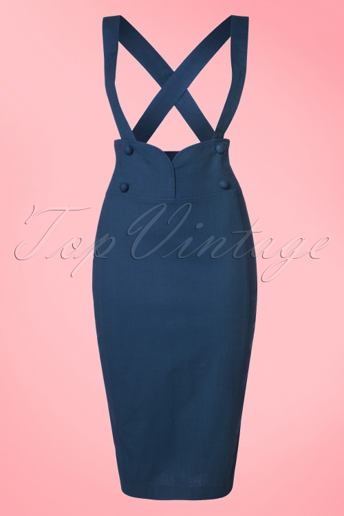 Collectif Clothing - Agarva Braces High Waist Pencil Skirt Années 50 en Bleu Marine 2
