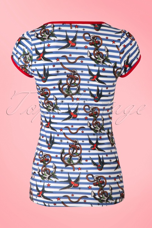 Sassy Sally - Leona Sailor Top Années 50 rayée Bleu et Blanc 3