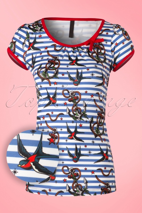 Sassy Sally - Leona Sailor Top Années 50 rayée Bleu et Blanc 2