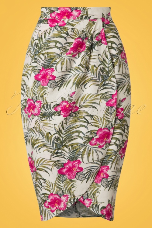 Collectif Clothing - 50s Kala Tropical Hibiscus Sarong Skirt in Ivory 2