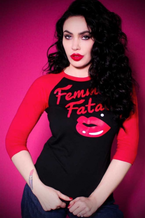 Vixen by Micheline Pitt - 50s Femme Fatale Baseball Shirt in Black and Red
