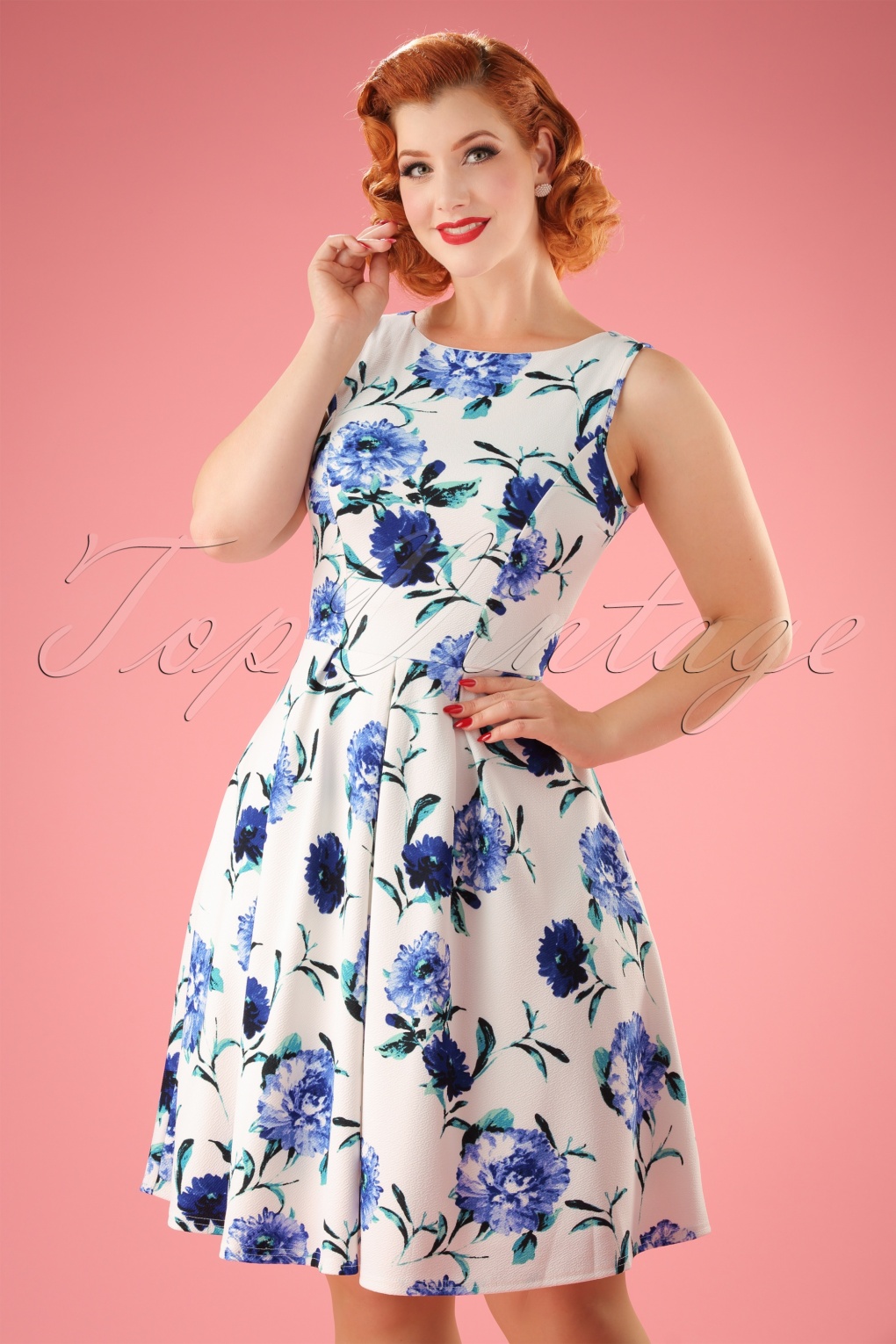 50s Jody Floral Flared Dress in Ivory and Blue