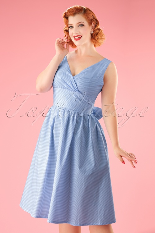 Banned Retro - 50s Front Row Striped Swing Dress in Blue and White