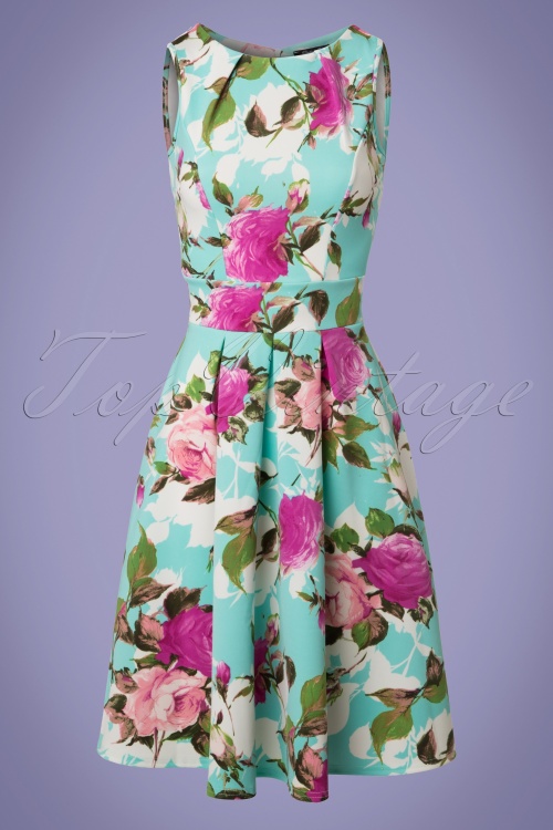 Vintage Chic for Topvintage - Veronica bloemen flare-jurk in mintblauw 2