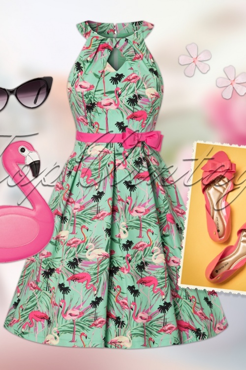 Lindy Bop - 50s Cherel Flamingo Swing Dress in Teal 6