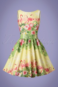 Lady V by Lady Vintage - 50s Tea Flamingo Swing Dress in Light Yellow 3