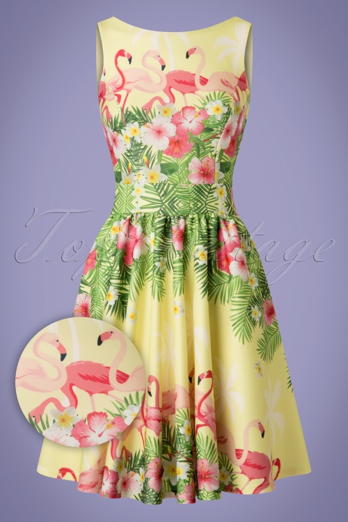 Lady V by Lady Vintage - 50s Tea Flamingo Swing Dress in Light Yellow 2