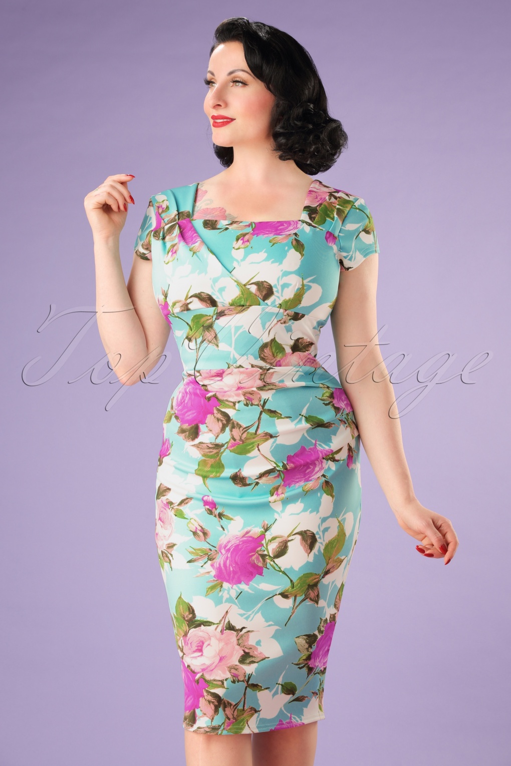 50s Laila Floral Pleated Pencil Dress in Mint Blue