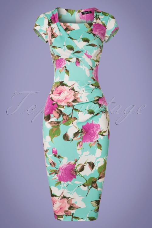Vintage Chic for Topvintage - 50s Laila Floral Pleated Pencil Dress in Mint Blue 2