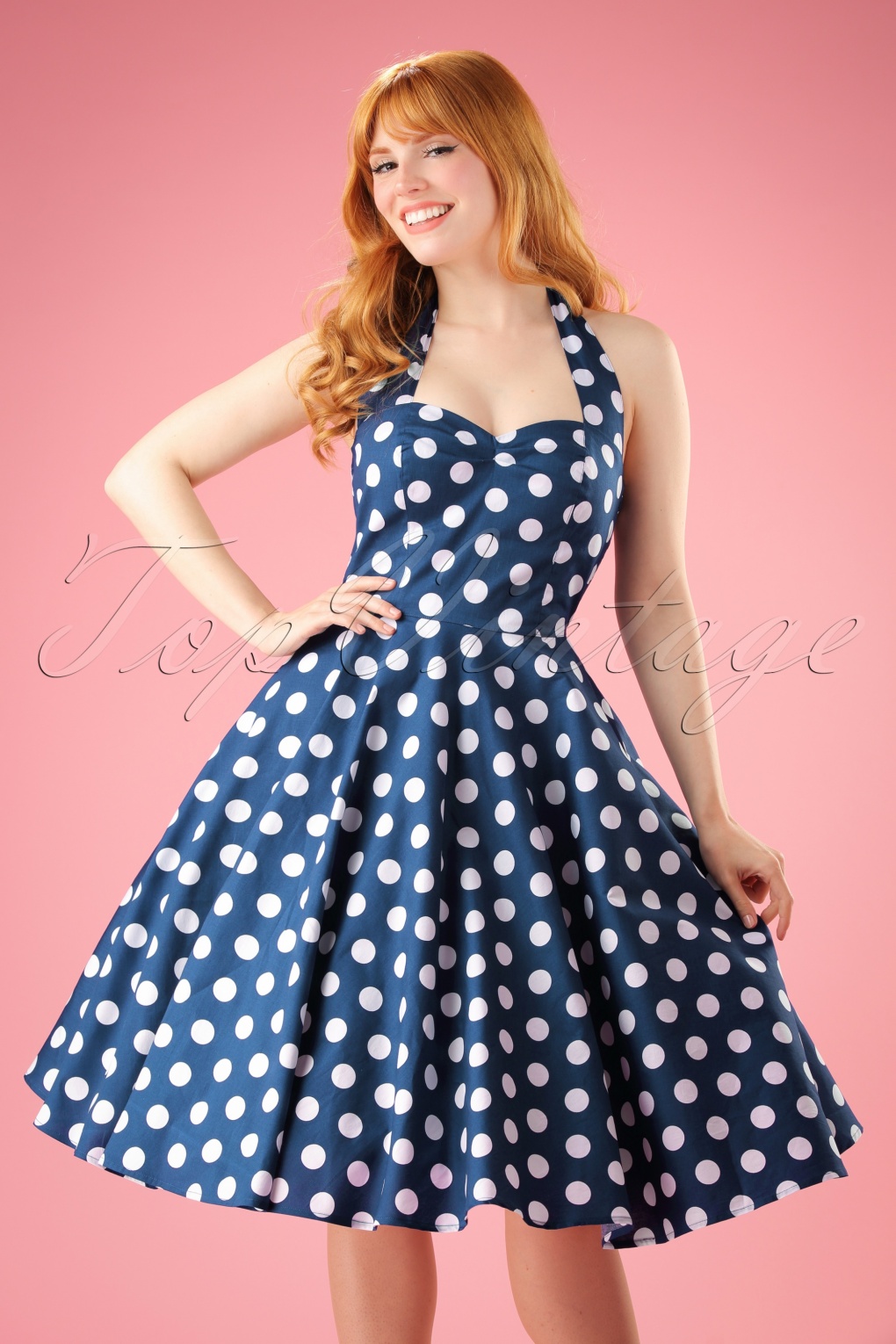 50s Meriam Polkadot Swing Dress in Navy and White