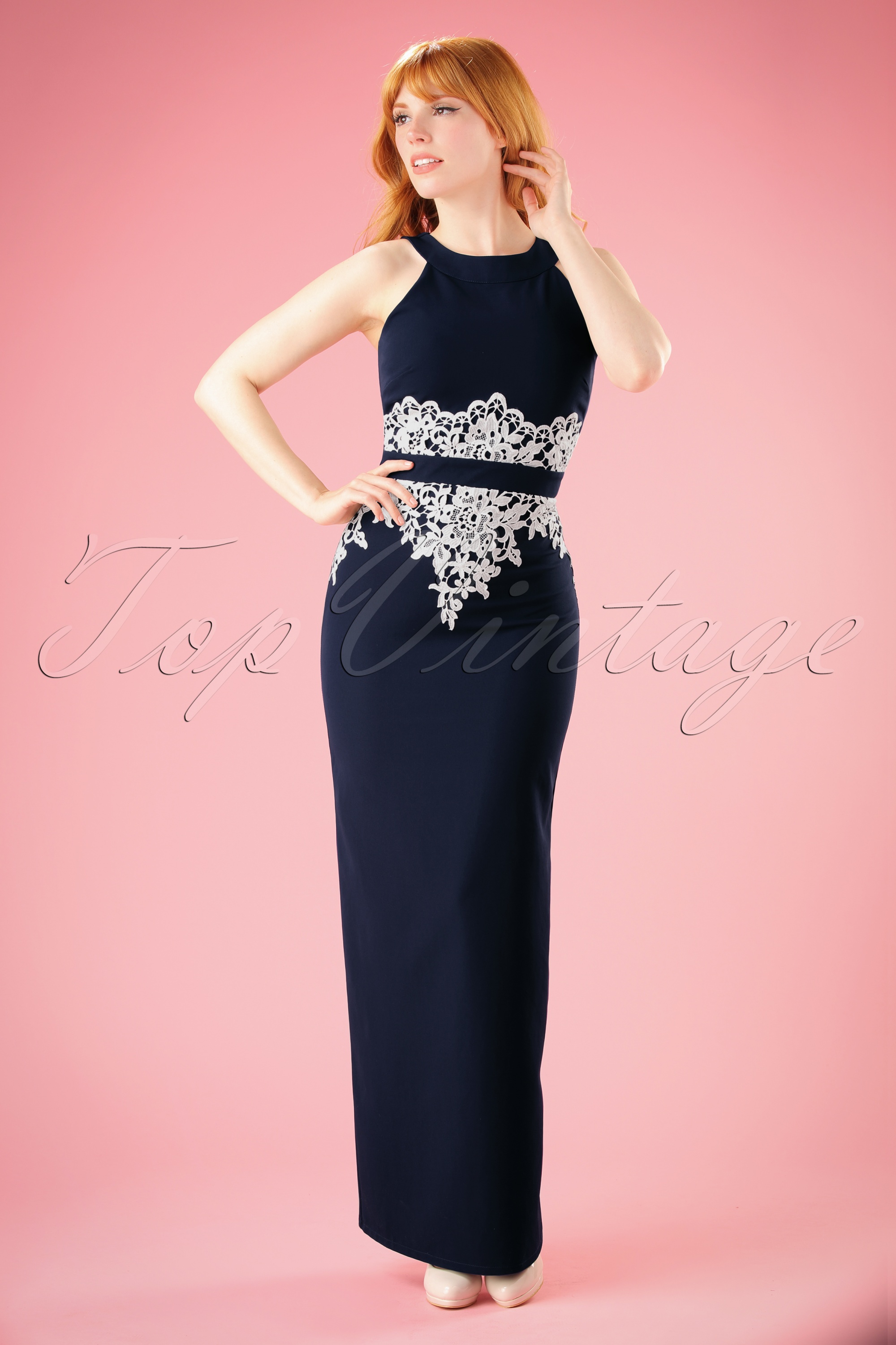 Paper Dolls 50s Corina Crochet Lace Maxi Dress in Navy Shop at Topvintage