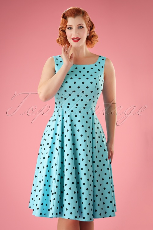 Hearts & Roses - 50s Rhiannon Polkadot Swing Dress in Aqua Blue