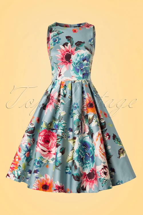 Dolly and Dotty - 50s Annie Floral Swing Dress in Blue 2