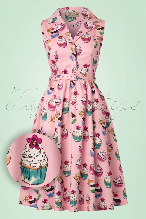 Cutesy Pink Frosted Cupcakes Rockabilly Sleeveless Swing Gathering Dress Costume 