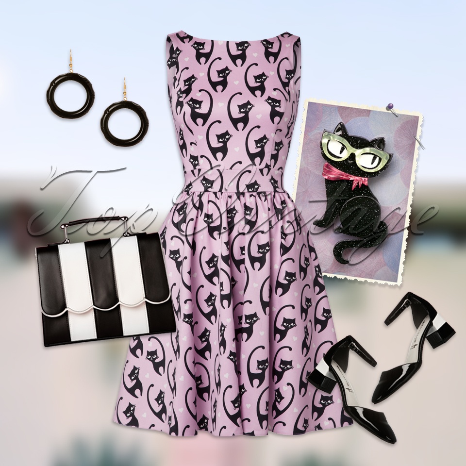 Lady V by Lady Vintage - Tea Fantastic Cats-jurk in roze 7