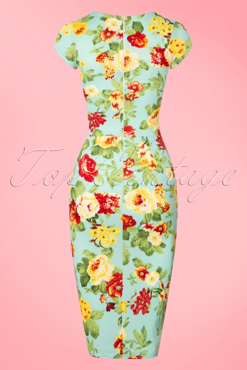Vintage Chic for Topvintage - Laila geplooide penciljurk met bloemen in mintgroen 2