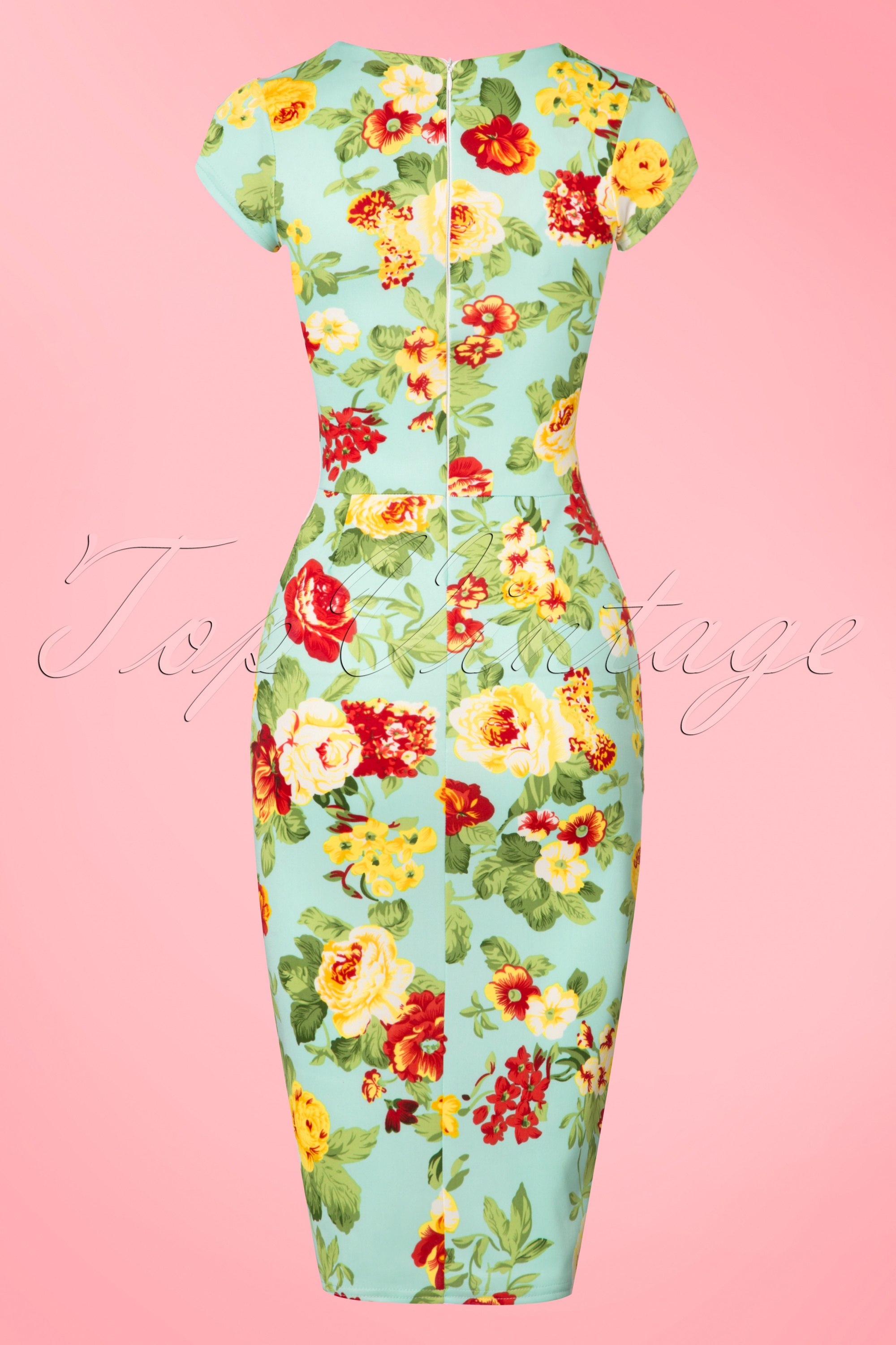 Vintage Chic for Topvintage - Laila geplooide penciljurk met bloemen in mintgroen 2