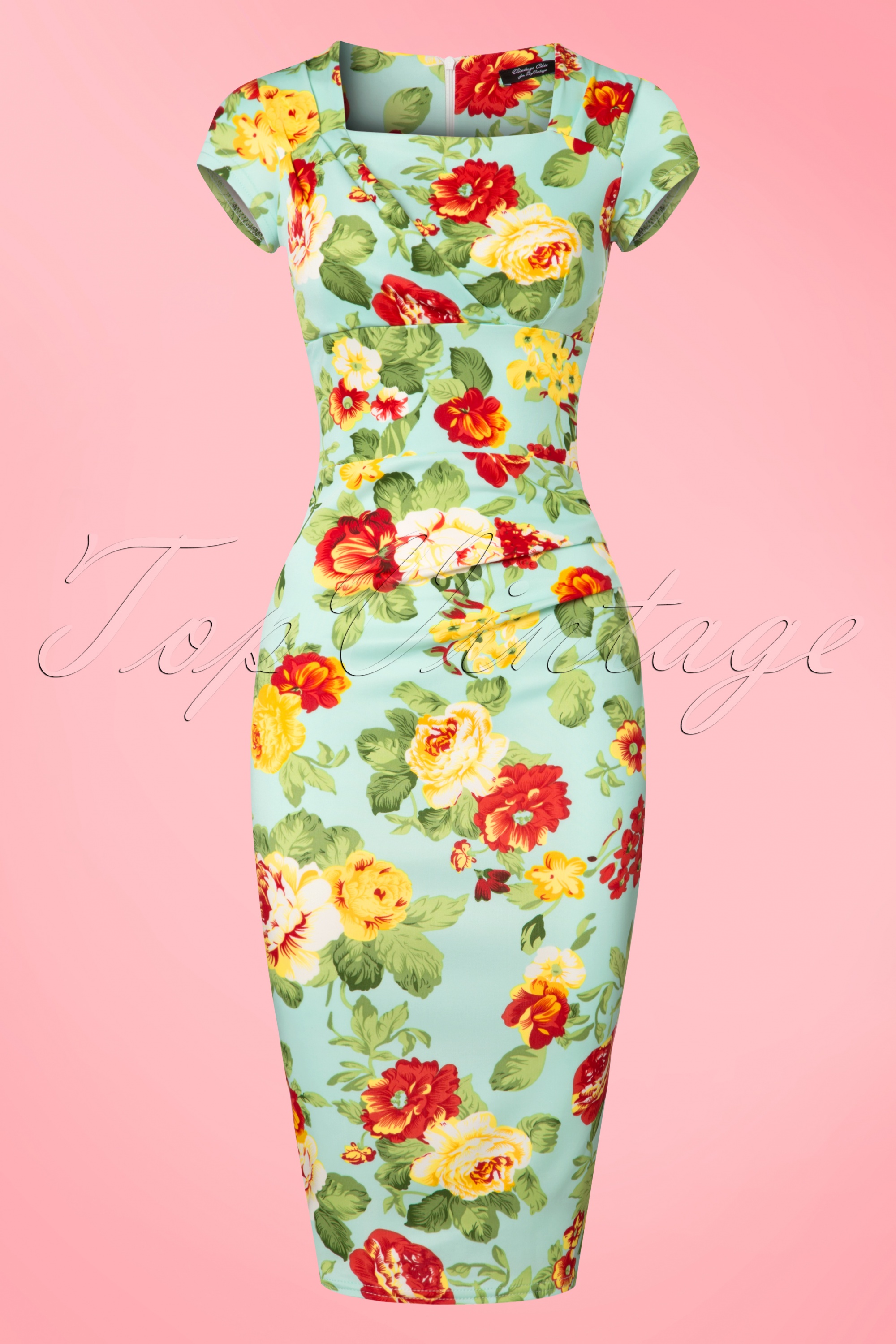 Vintage Chic for Topvintage - Laila geplooide penciljurk met bloemen in mintgroen