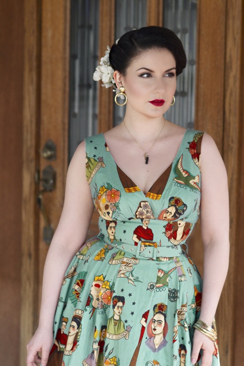 Victory Parade - TopVintage Exclusive ~ 50s Ti Amo Frida Kahlo Frock Swing Dress in Vintage Blue 11