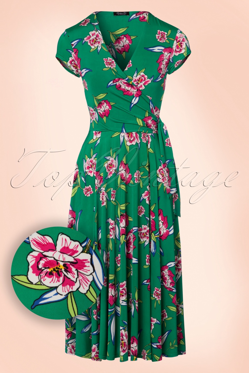 50s Layla Cross Over Floral Swing Dress in Emerald Green