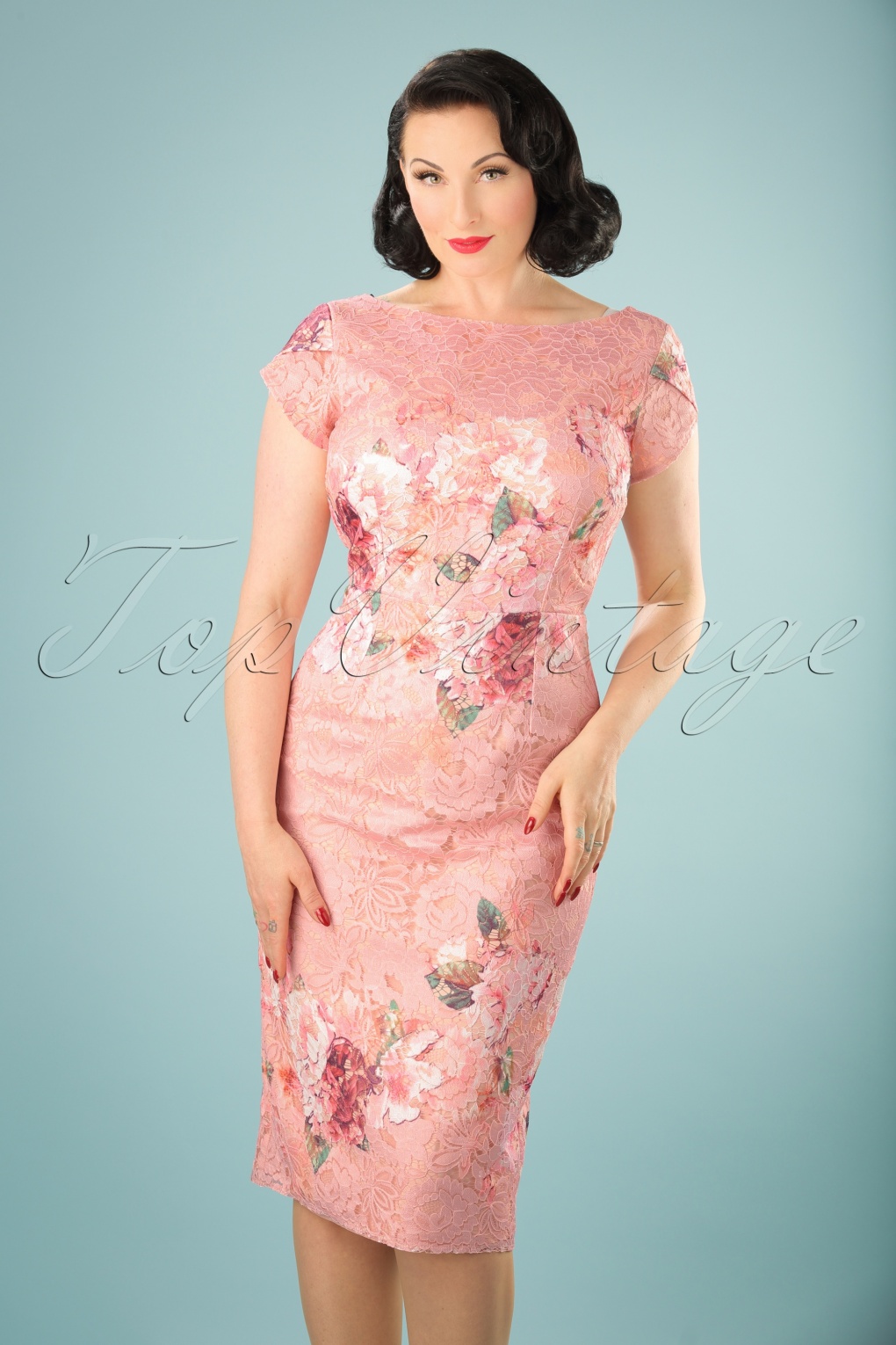 60s Floral Lace Pencil Dress in Pink