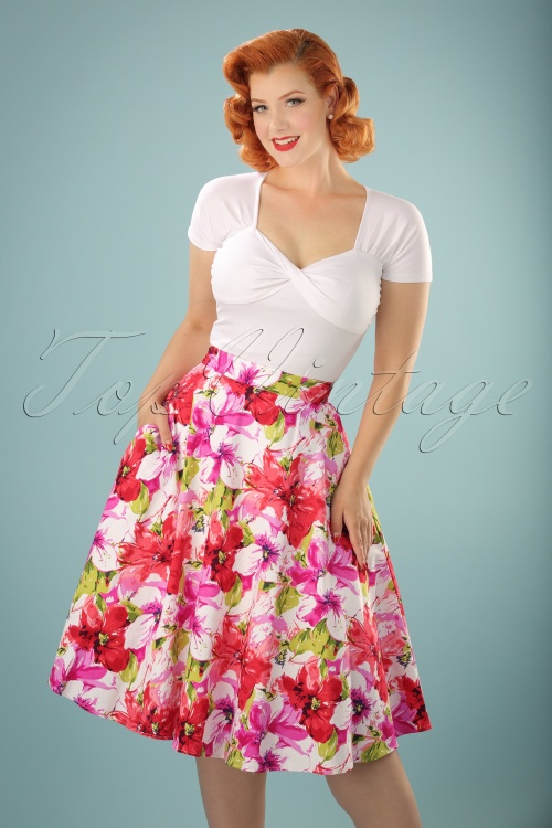 Dolly and Dotty - 50s Blossom Flower Swing Skirt in White and Pink