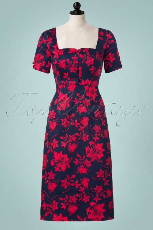 Dolly and Dotty - 50s Daisy Floral Pencil Dress in Navy