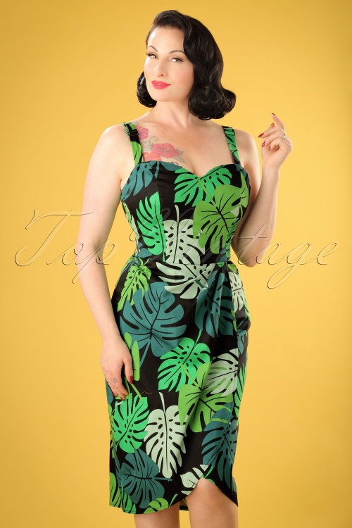 Collectif Clothing - Mahina Tahiti Palm Sarong Dress Années 50 en Vert