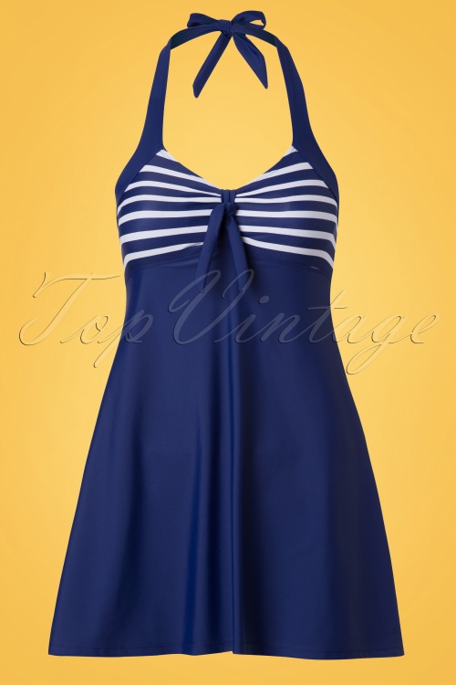 Belsira - 50s Sophia Striped Swimdress in Blue 2