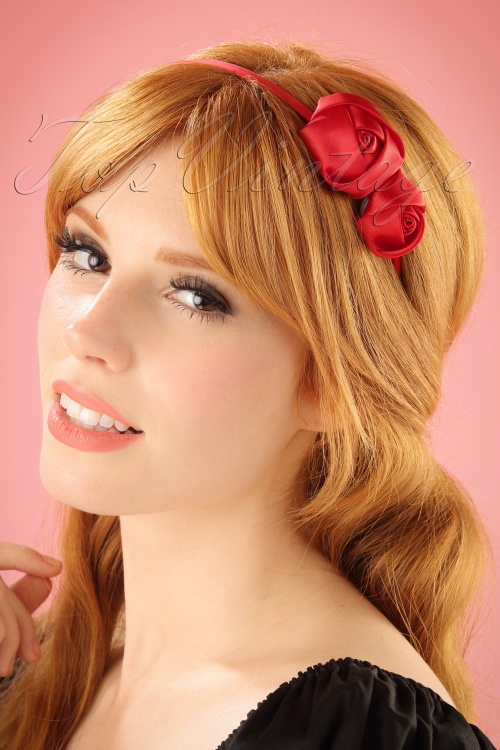 ZaZoo - Alice Satin Hair Band with Roses Années 50 en Rouge