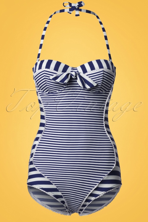 blue white striped bathing suit