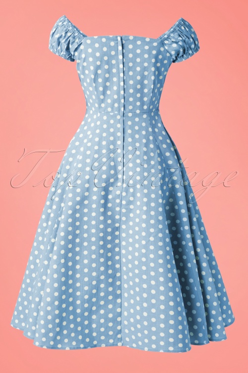Collectif Clothing - Dolores Polkadot Doll Swing Dress Années 50 en Bleu Azuré et Blanc 6