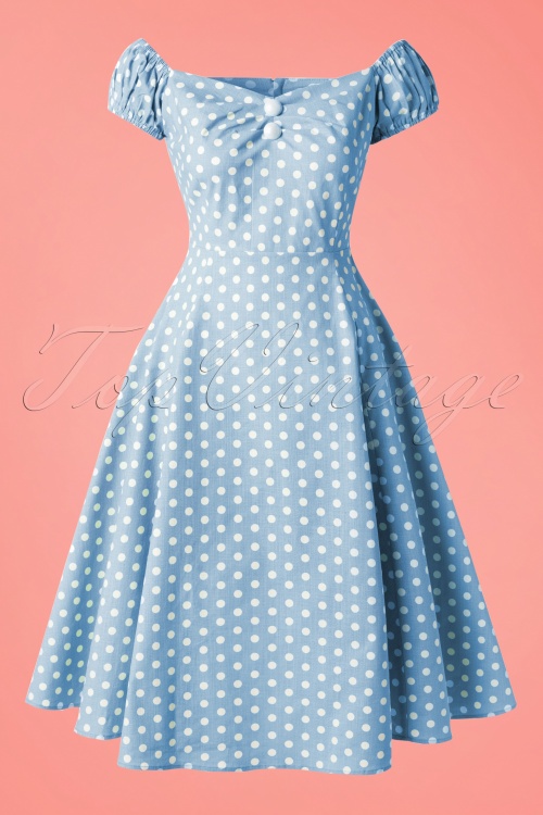 Collectif Clothing - 50s Dolores Polkadot Doll Swing Dress in Dusky Blue and White 2
