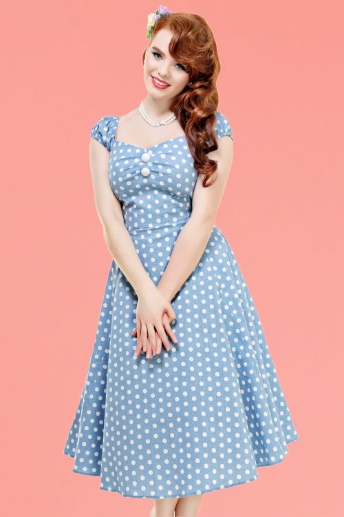 Collectif Clothing - 50s Dolores Polkadot Doll Swing Dress in Dusky Blue and White 8