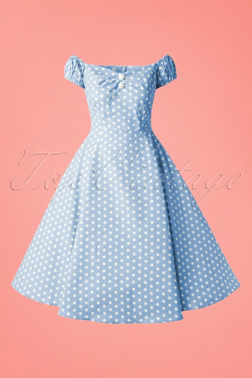 Collectif Clothing - Dolores Polkadot Doll Swing Dress Années 50 en Bleu Azuré et Blanc 3