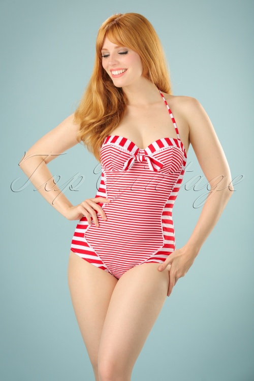 Belsira - 50s Nancy Stripes Halter Swimsuit in Red and White
