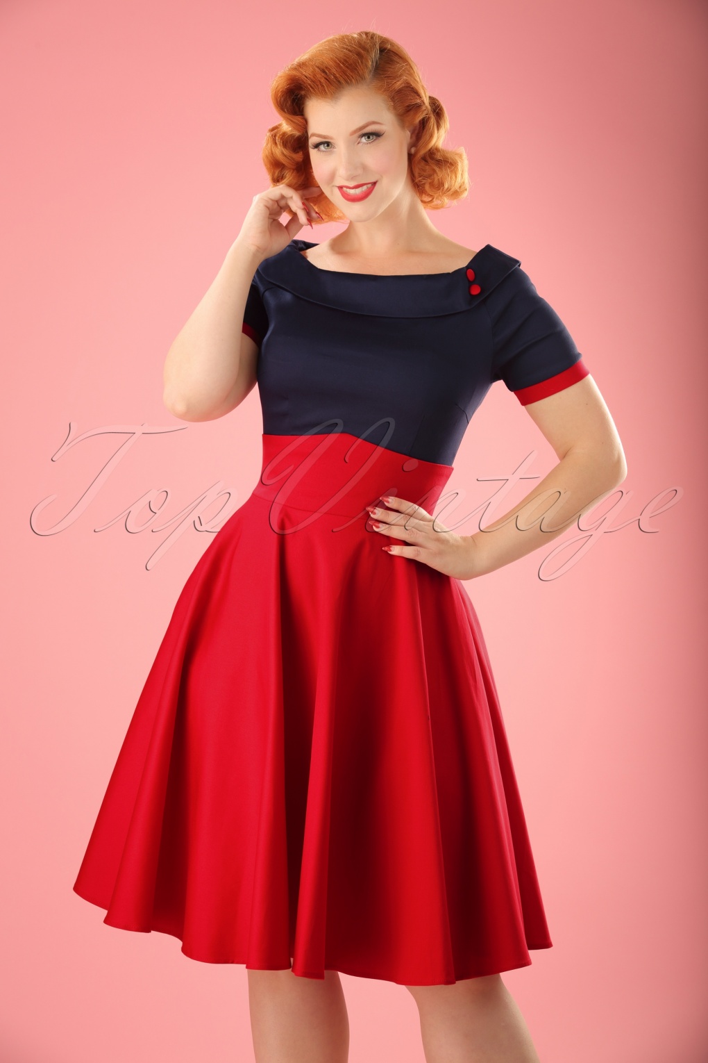 50s Darlene Swing Dress in Navy and Red