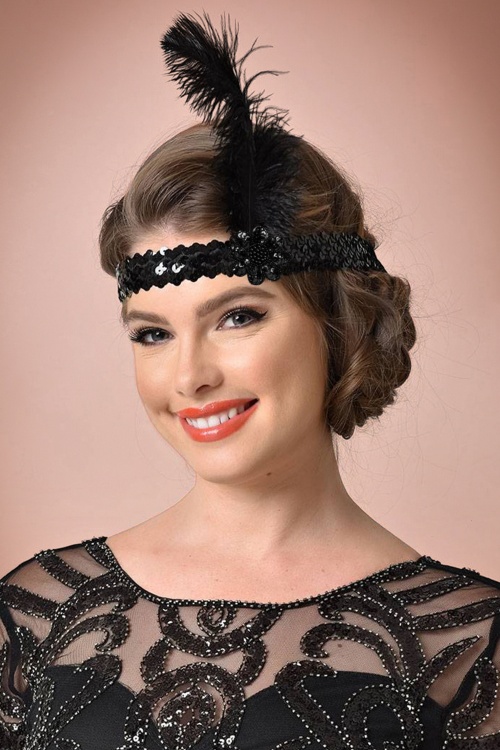 20s Feather And Sequins Headband In Black